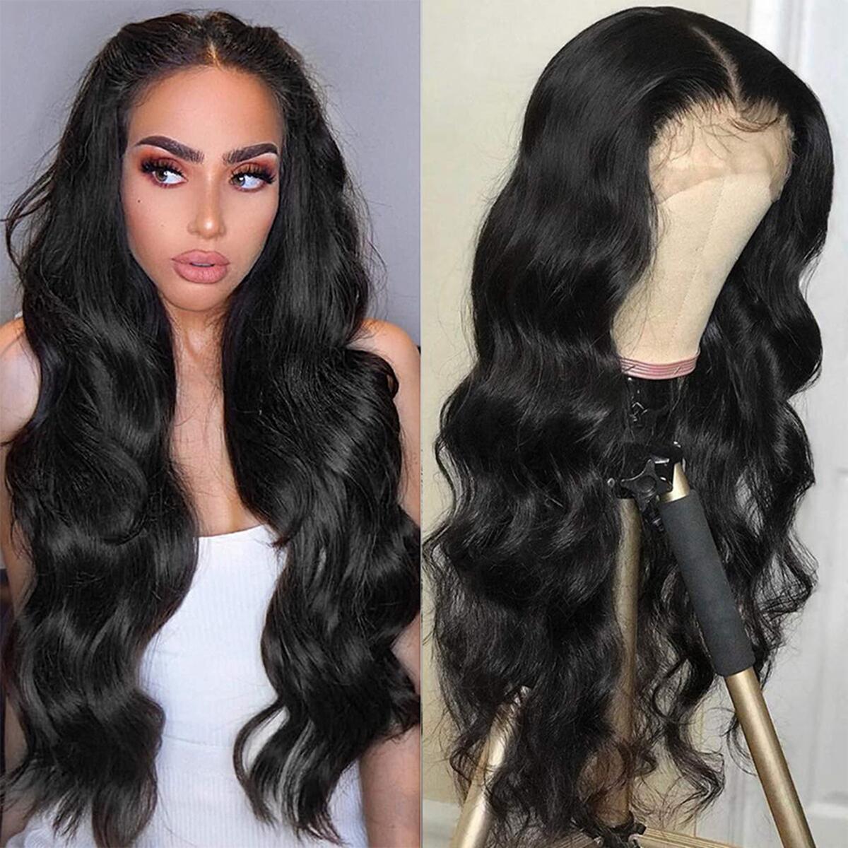 Perruque Lace Front Wig synthétique sans colle, Loose Deep Wave, fibre résistante à la chaleur de haute qualité, ligne de cheveux pre-plucked, cheveux de bébé pour femmes