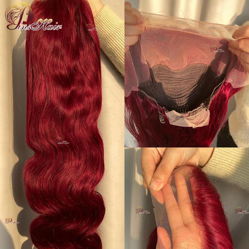 99J Color Body Wave Lace Front Human Hair Wigs Red Burgundy 13x4 Transparent Lace Front Wig Pre-Plucked for Women Remy Hair 180