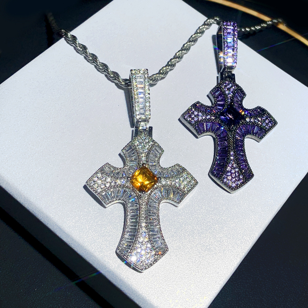 Hip Hop Punk Square Zircon Cross Pendant Necklace 18k Real Gold Plated Religion Jewelry