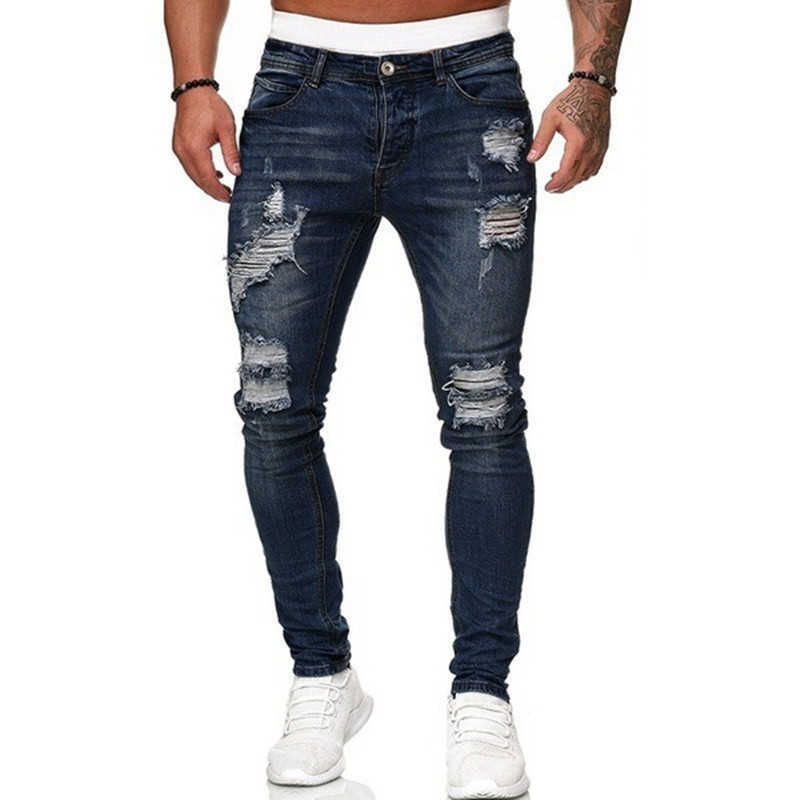 Модный уличный стиль разорванные скинни джинсы мужчины винтажные стирки сплошной джинсовой брюки мужские брюки.