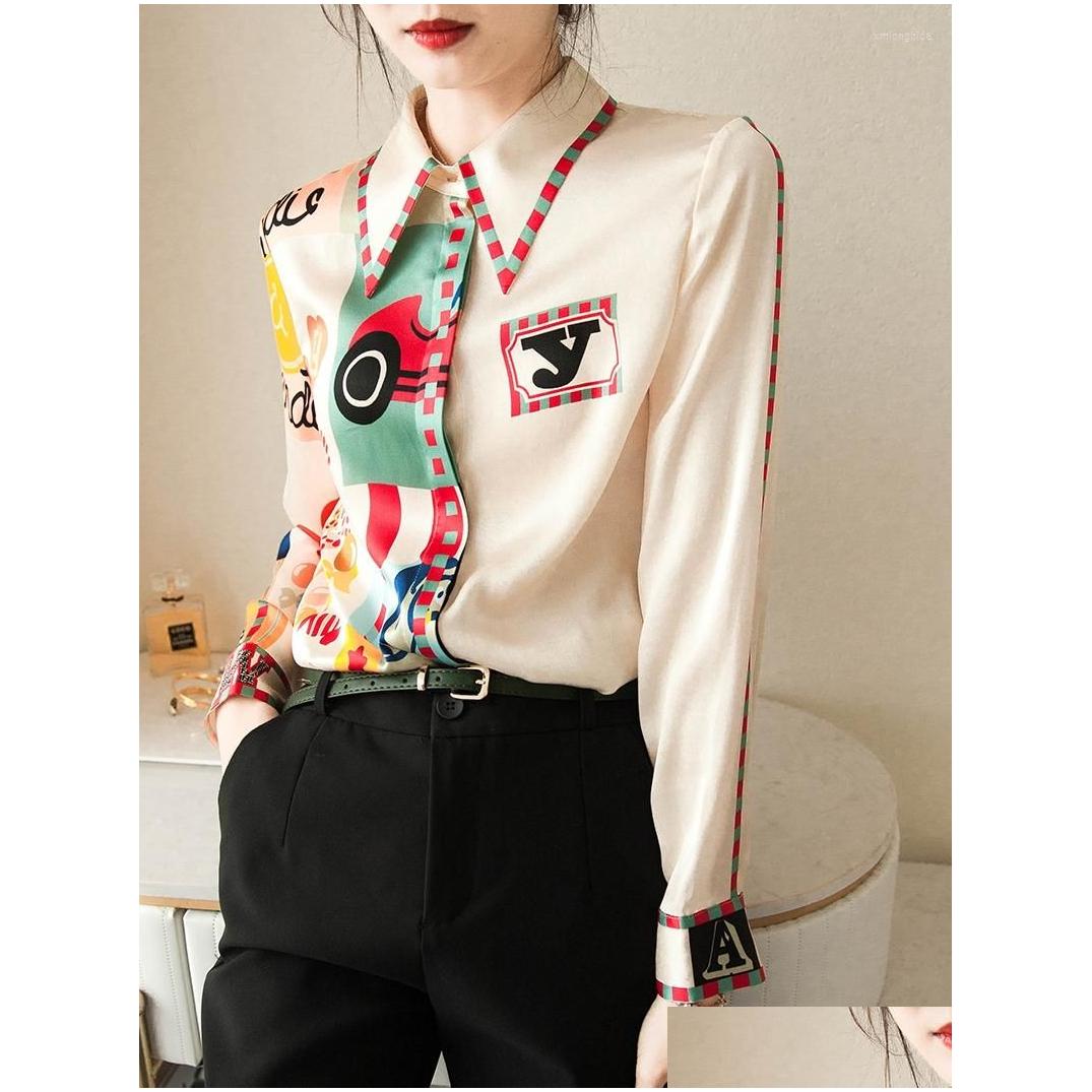 Women's Blouses Shirts Womens Elegant Print Silk Blouse Women Korean Long Sleeve Shirt Modis Tops 2023 Arrival Drop Delivery Appar Dhdl8