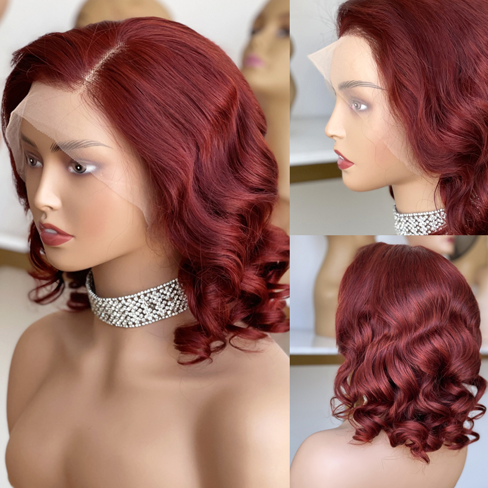 Toupee Burgundy Short Bob Lace Pruiken 13x6 Lace frontale pruiken 99J Body Wave Human Hair Pruiken Braziliaanse maagdelijke wijn rood 180% Dichtheid