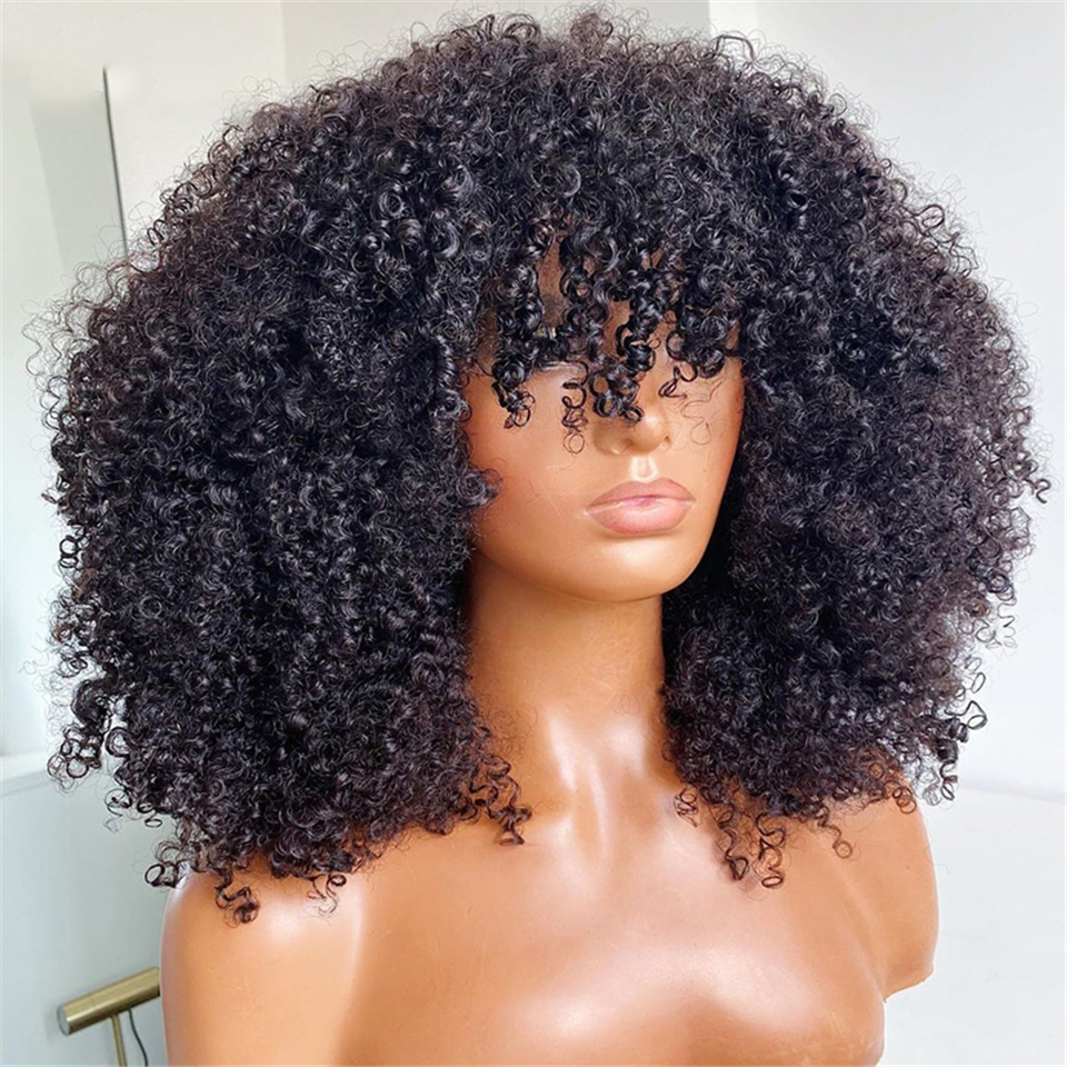 Kinky Curly Pixie Cut Bob Human Hair Wig with Bangs Full Machine Wigs for Black Women Remy PrePlucked with Baby Hair Brazilian