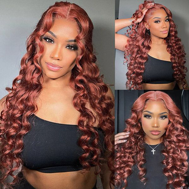 Reddish Brown 13x4 Loose Deep Wave Frontal Wig 360 Full Lace Frontal Human Hair Wigs for Women Colored Loose Deep Wave Lace Wigs