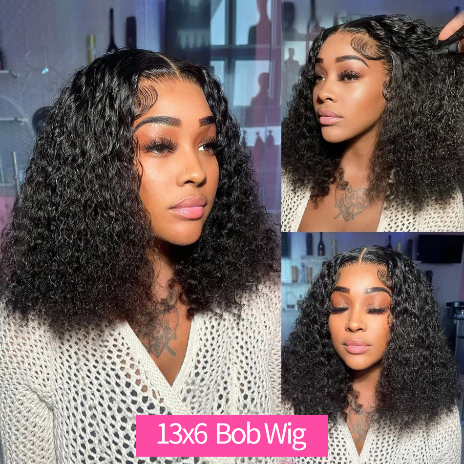 13x4 Short Bob Deep Wave Frontal Wig Water Wave Curly Glueless Wig Human Hair Ready To Wear T Part Lace Front Human Hair Wigs