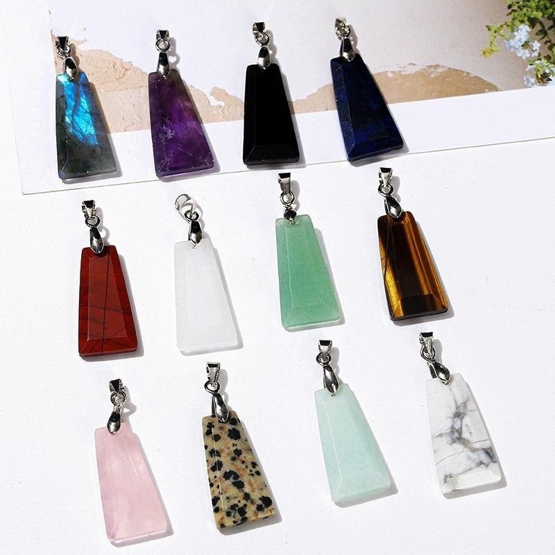 Natural Crystal Stone Trapezoid Tag Pendant Opal Rose Lapis Quartz Agate Charms for Necklaces Retro Style Jewelry Making