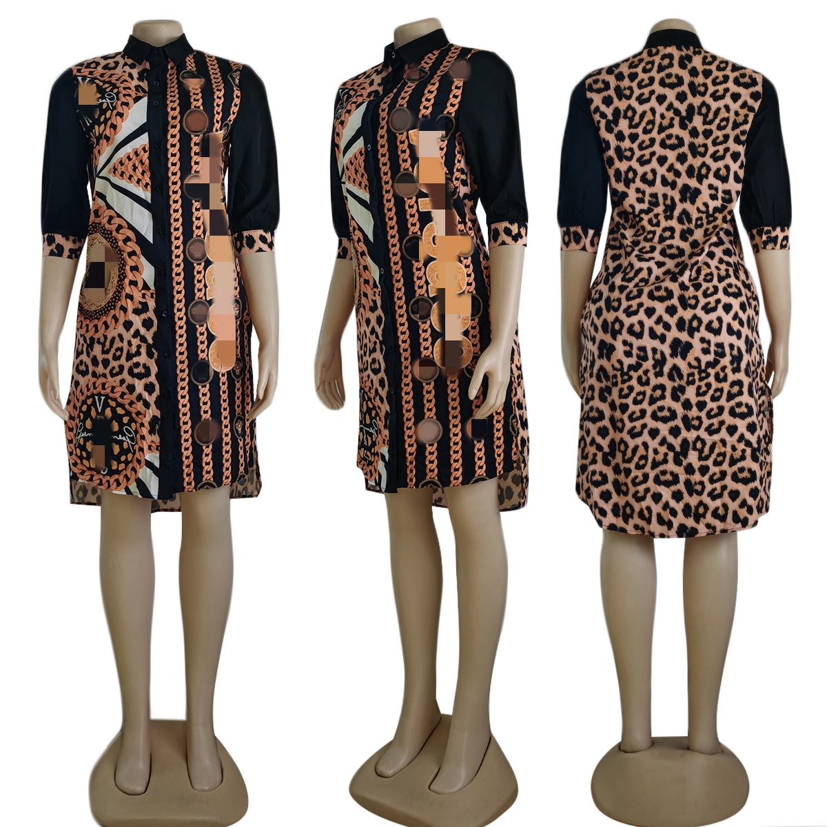 Leopard Print Shirt Dresses Women Casual Lapel Neck Long Sleeve Shirt Tops Free Ship
