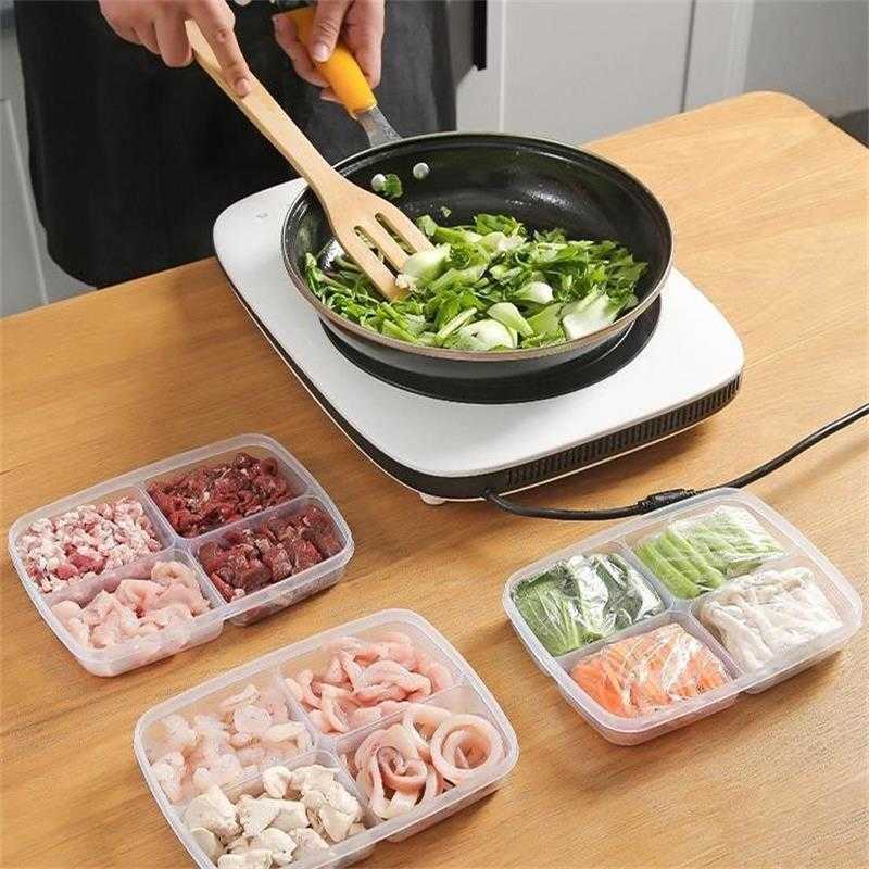 4 Grids Food Preparation Storage Box Compartment Refrigerator Freezer Organizers Sub-Packed Meat Onion Ginger Dishes Crisper HKD230810