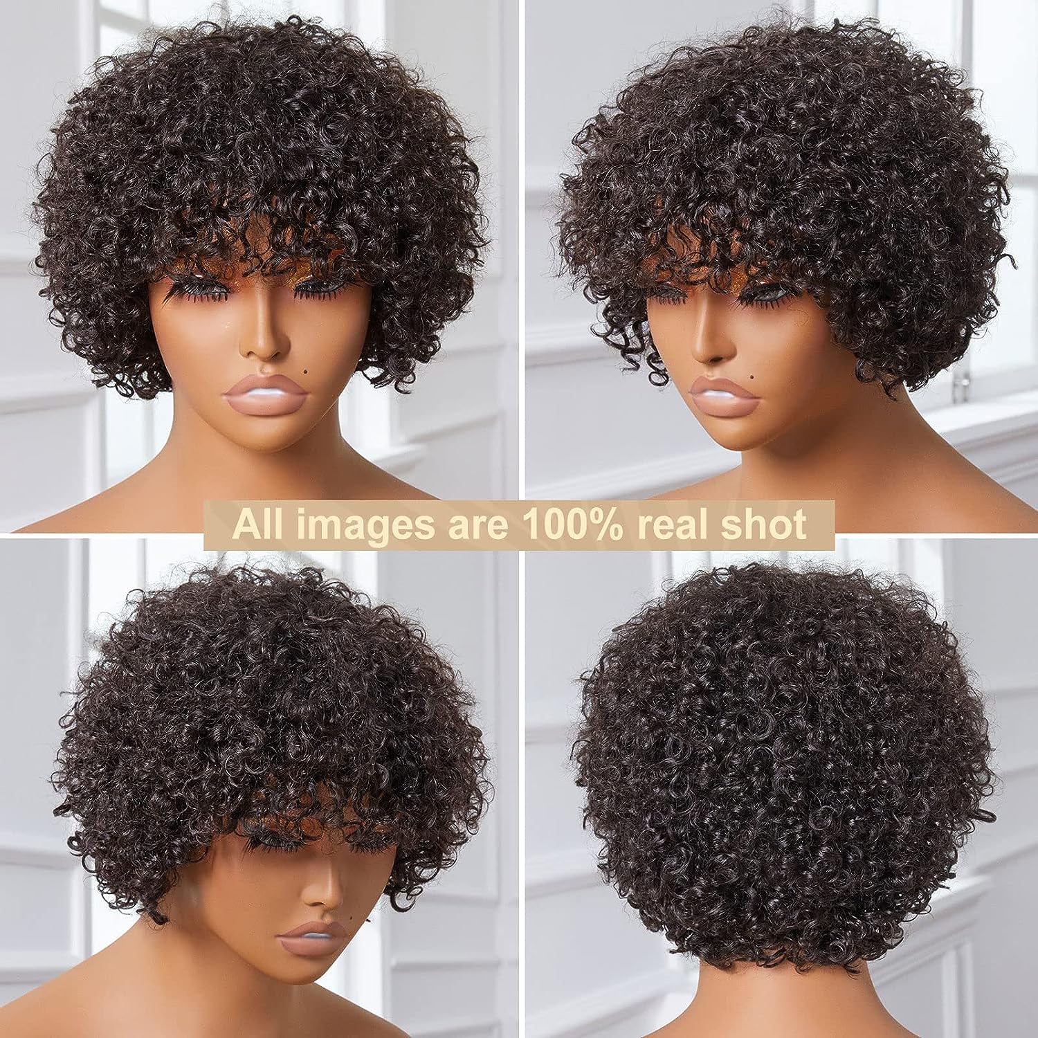 Curl Wig with Natural Fringe Brazilian 100% Human Hair Sassy Virgin Hair with Bangs Kinky Curly Bob Wig 180% Density