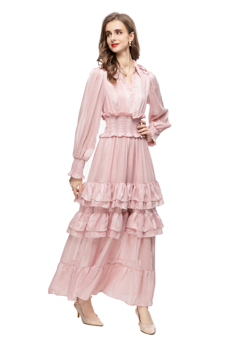 Sukienki damskie startowe Odrzuć kołnierz długie rękawy w paski warstwy Ruffles projektant maxi vestidos impreza suknia balowa