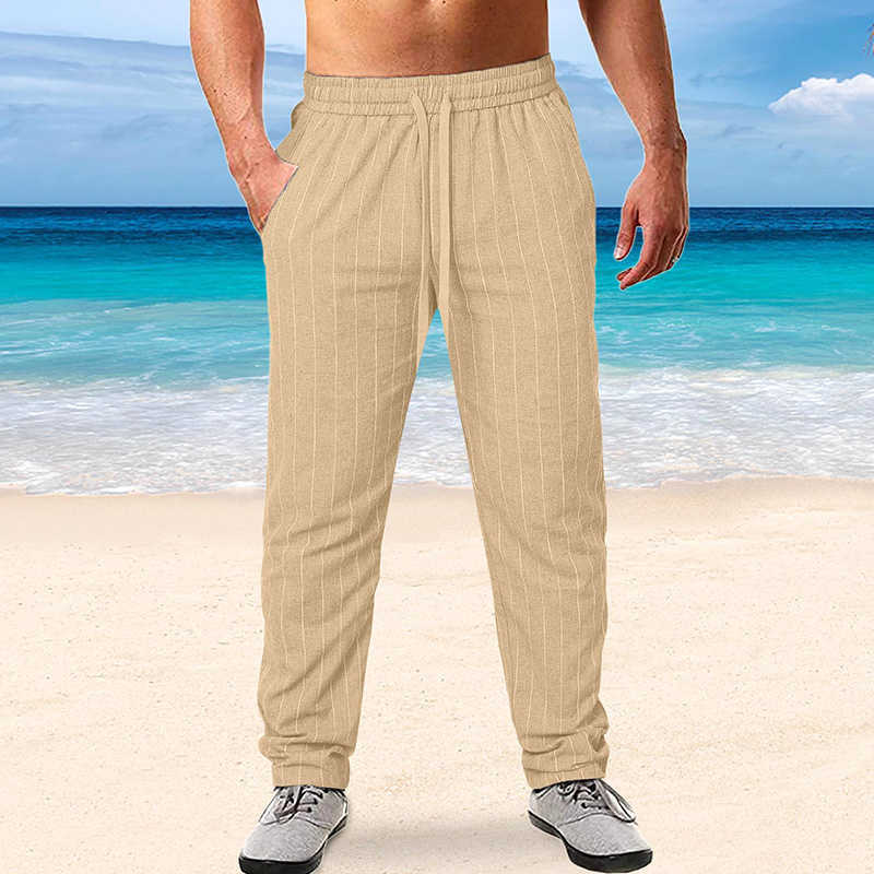 Pantalon en coton et lin pour hommes été coupe ajustée taille moyenne cordon rayé poche pantalon décontracté Simple classique respirantLF20230824.