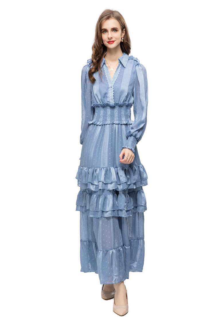 여자 활주로 드레스는 칼라 롱 슬리브 줄무늬 줄무늬 주름 장식 디자이너 Maxi restidos 파티 파티 가운
