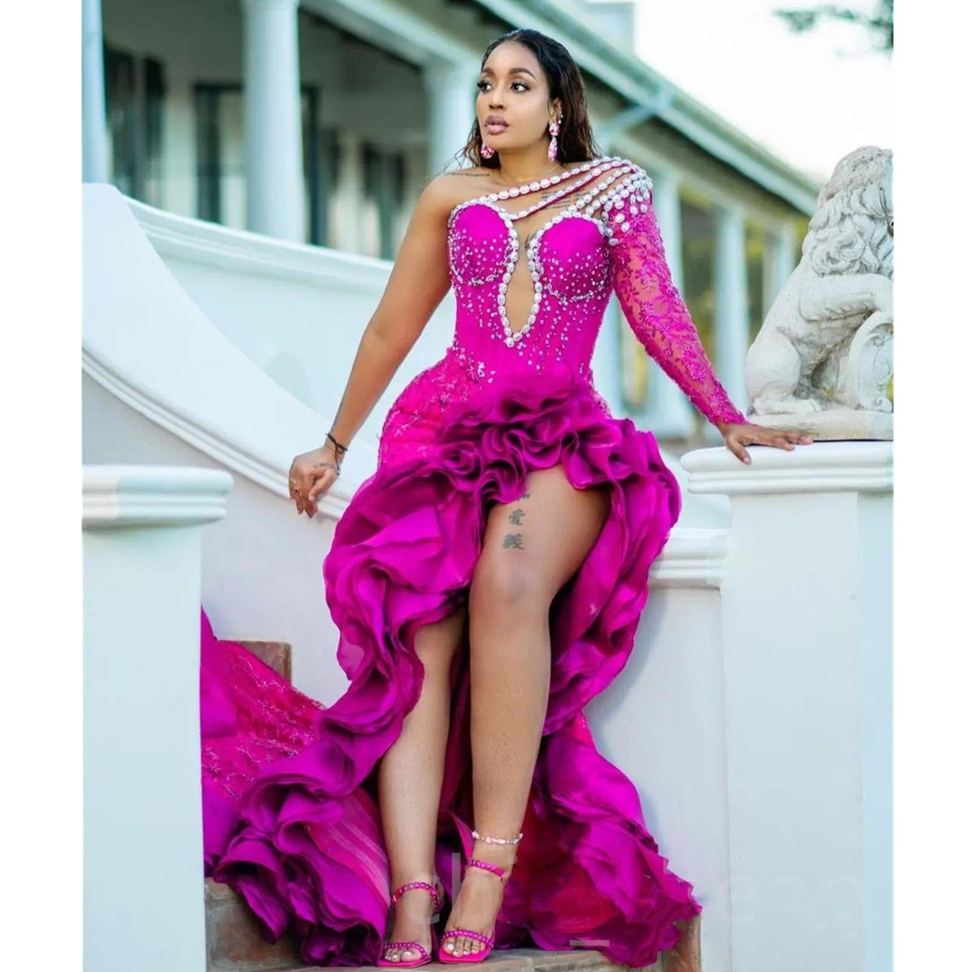 Aso Ebi African Evening Dresses Mermaid Long Sleeves Pearls Long Ghana Nigeria Black Girls High Slit Prom Dresses Evening Gown