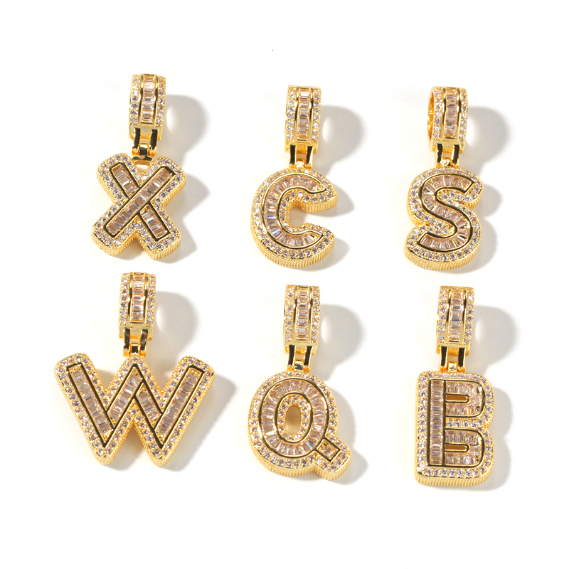 AZ Small Baguette Letter Pendant Necklace With Rope Chain Gold Silver Zirconia Hip Hop Jewelry Drop 5524459