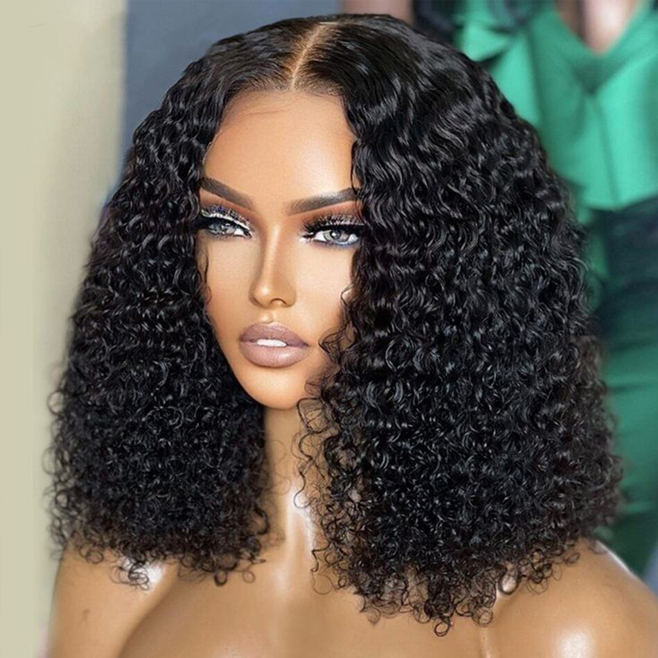 Perruque Bob Lace Front Wig brésilienne naturelle, cheveux courts bouclés, Deep Wave, Transparent, cheveux de bébé, pour femmes