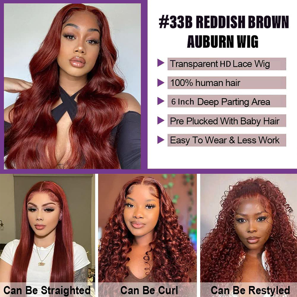 Reddish Brown 13x4 Loose Deep Wave Frontal Wig 360 Full Lace Frontal Human Hair Wigs for Women Colored Loose Deep Wave Lace Wigs