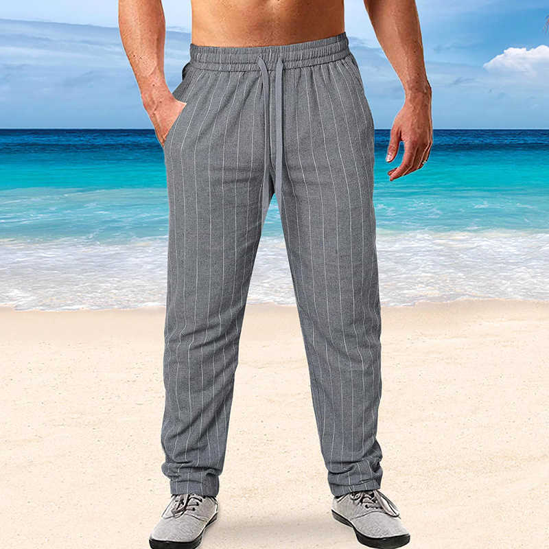 Pantalon en coton et lin pour hommes été coupe ajustée taille moyenne cordon rayé poche pantalon décontracté Simple classique respirantLF20230824.