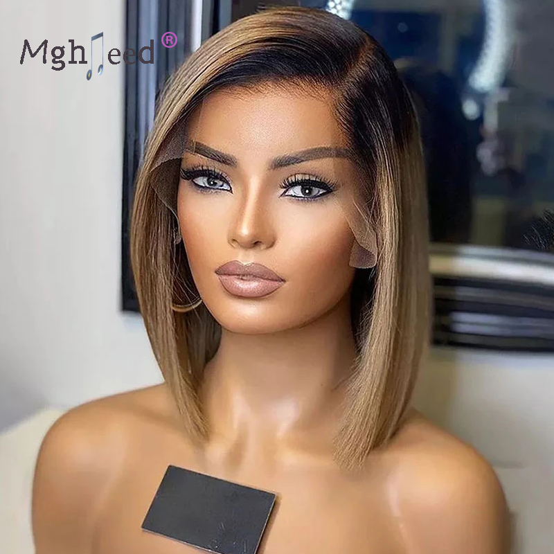 220%density Ombre Blonde Human Hair Short Bob Wig Virgin Brazilian 360 Full Lace Frontal Wig for Black Women with Baby Hairs