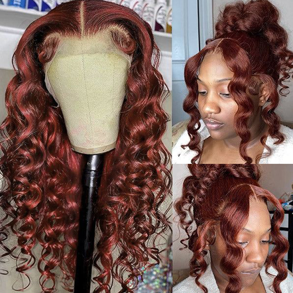 Reddish Brown 13x4 Loose Deep Wave Frontal Wig 360 Full Lace Frontal Human Hair Wigs for Women Colored Loose Deep Wave Lace Wigs