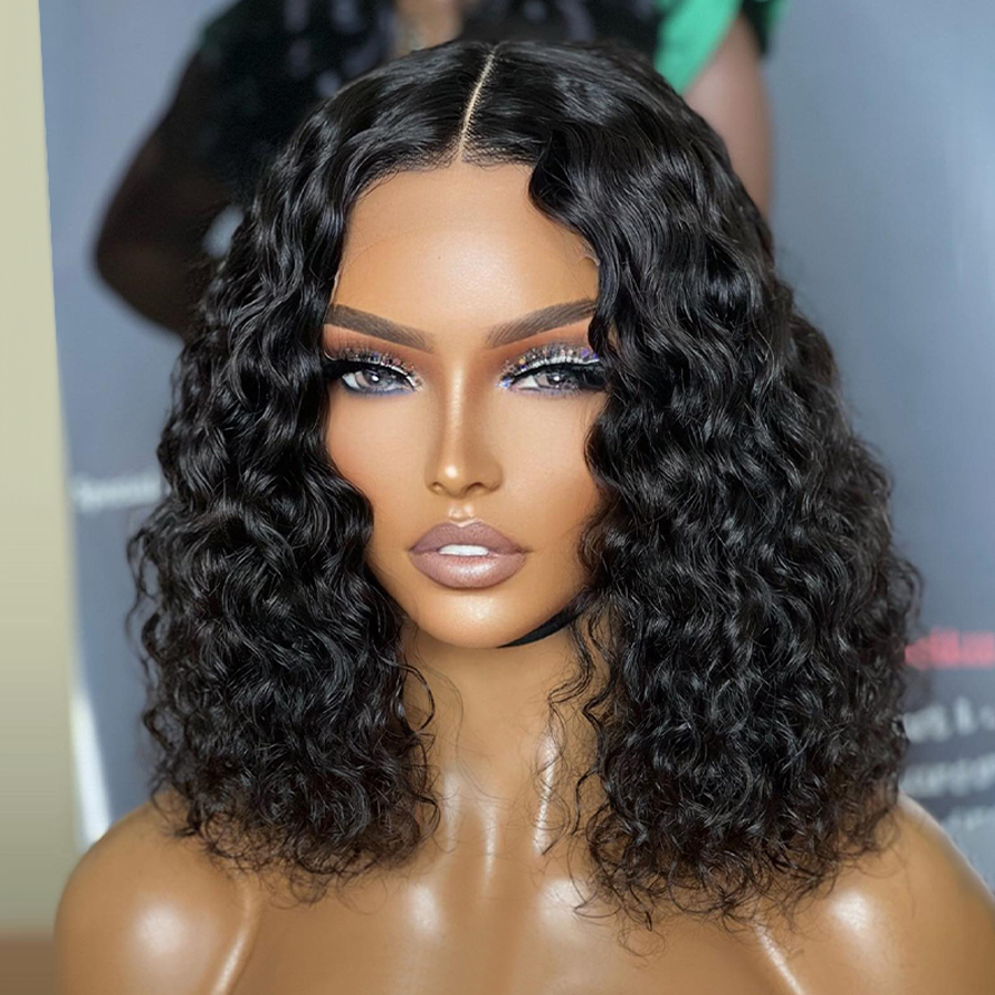 Deep Wave Short Bob Wig 5x1 T Part Transparent Lace Human Hair Wigs Brazilian 150% Water Curly Frontal Wig for Women Remy