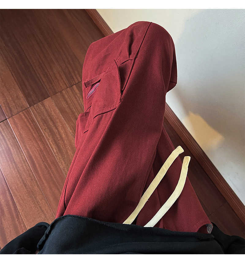 2023 Autumn Red Cotton Cargo Pants Men American Y2k Style Sweatpants Casual Loose Multi-pocket Pants Mens High Street TrousersLF20230824.