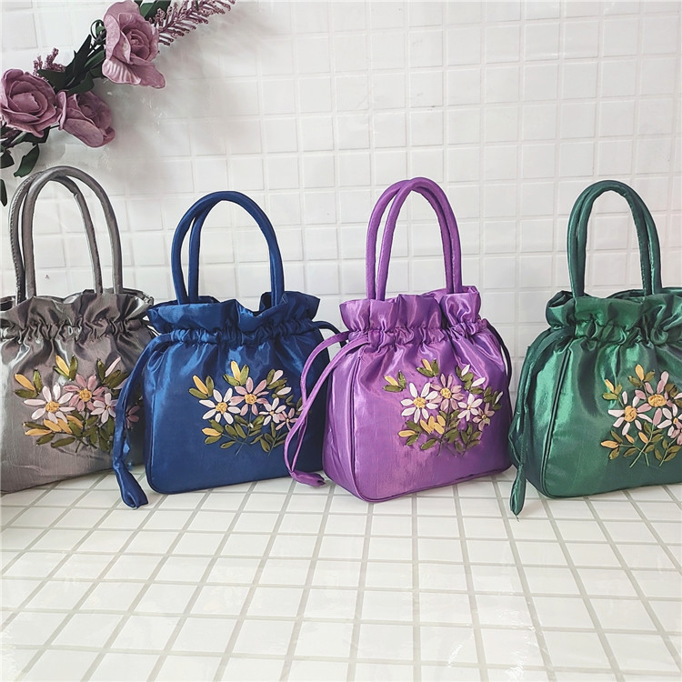 Estilo étnico artesanal bordado bolsa estilo antigo floral bordado cordão fechamento tote pequeno saco de armazenamento terno para chaves do telefone