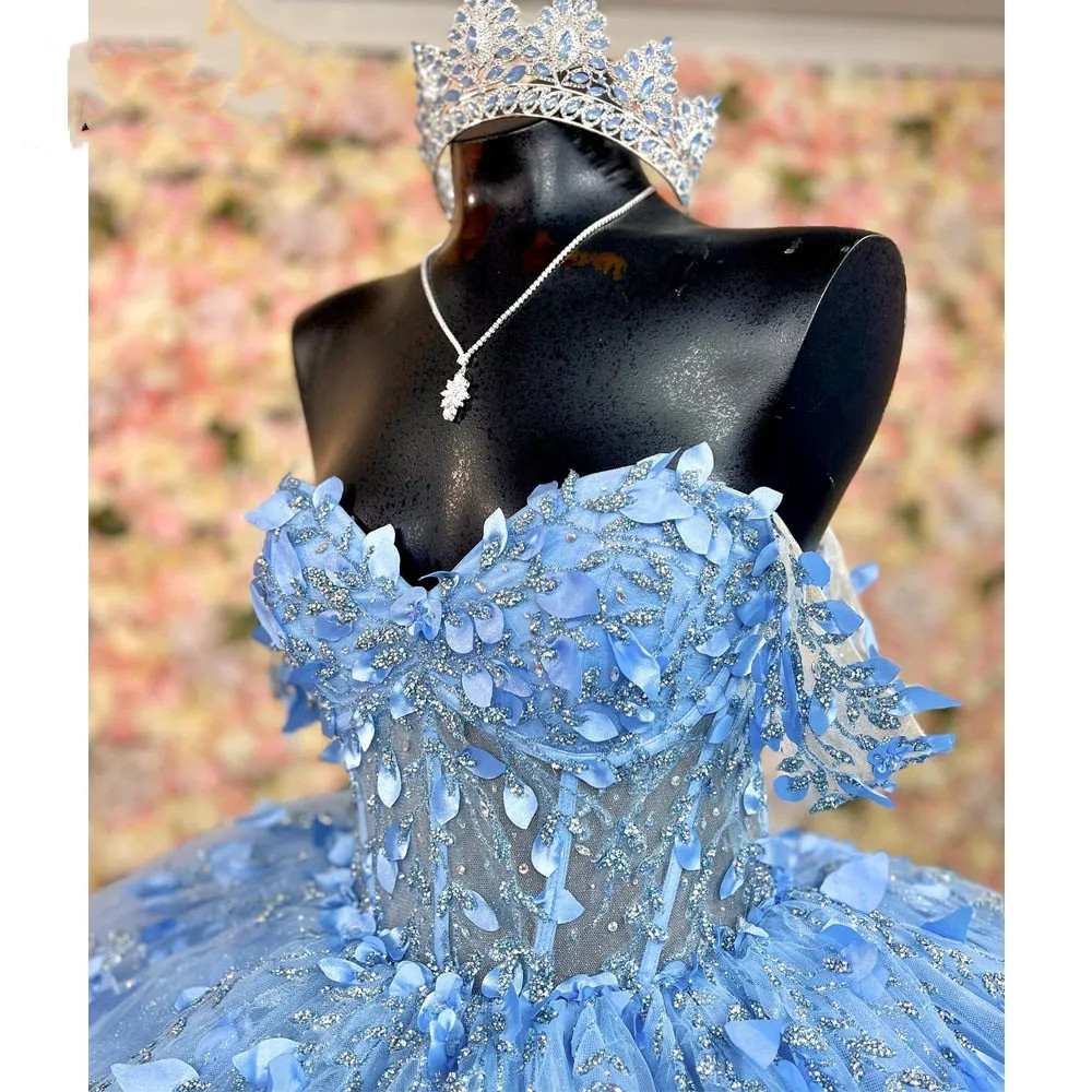 Sky Blue Sparkly Quinceanera 2023 Off Shoulder Sequins Ball Gown Tulle Party Sweet 15 16 Dress Quinceanera Anos