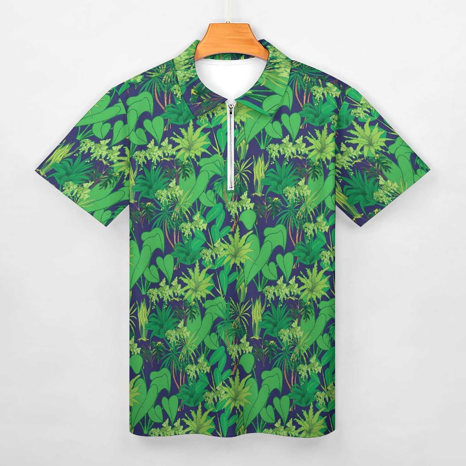 Tropische Planten Poloshirt Groene Bladeren Print Casual Shirt Zomer Trendy Heren Korte Mouw Rits Grafische T-shirts HKD230825