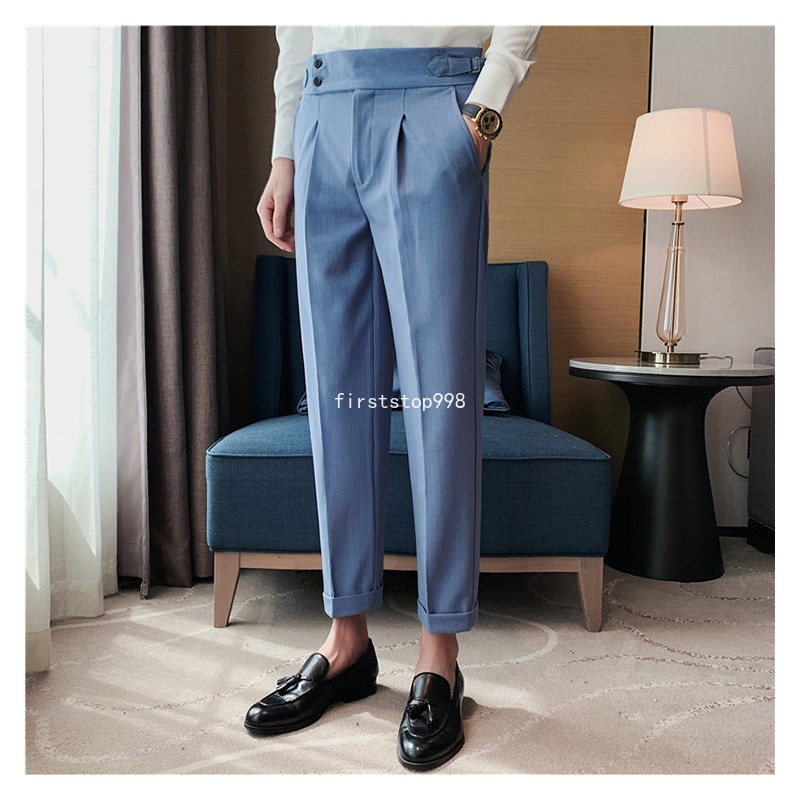 Pantalones de traje de negocios a rayas de cintura alta para hombre, pantalón informal para oficina y Social, ropa de calle para novio de boda, otoño 2023