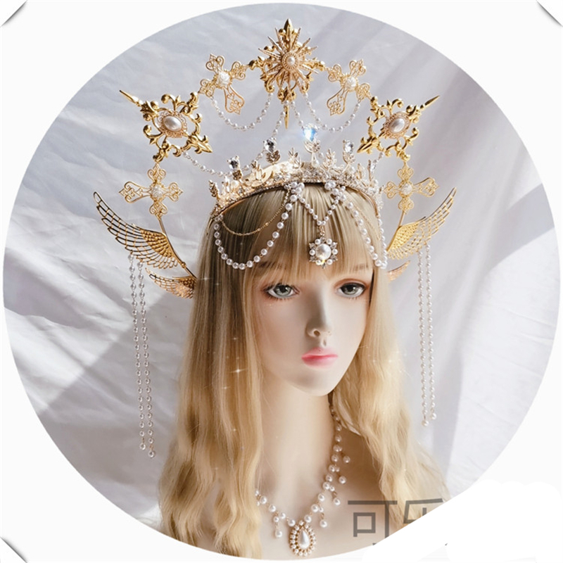 Lolita Bandband Golden Mary Apollo Sun Halo Goddess Crown Party Church Headwear Halloween Costume exagéré casque