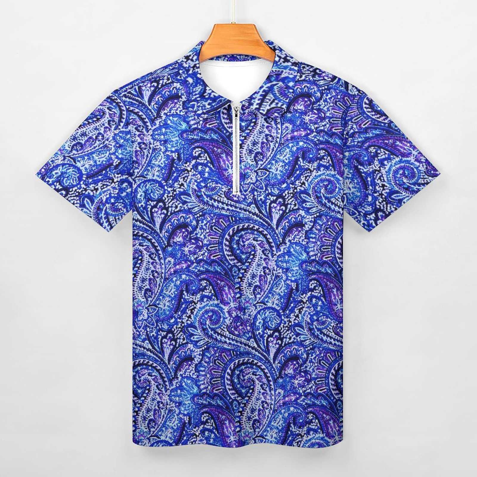 Blue Paisley Casual T-Shirts Vintage Print Polo Shirts Collar Y2K Shirt Mens Pattern Clothes Plus Size 5XL 6XL HKD230825