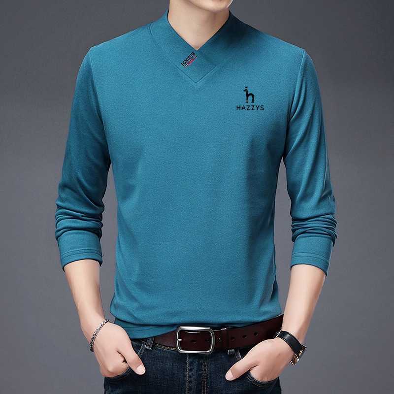 Hazzys broderi Men Polo Shirt 2023 Autumn Mens Elastic T-shirt V-ringning Långärmad toppman T Shirt Brand Tees HKD230825