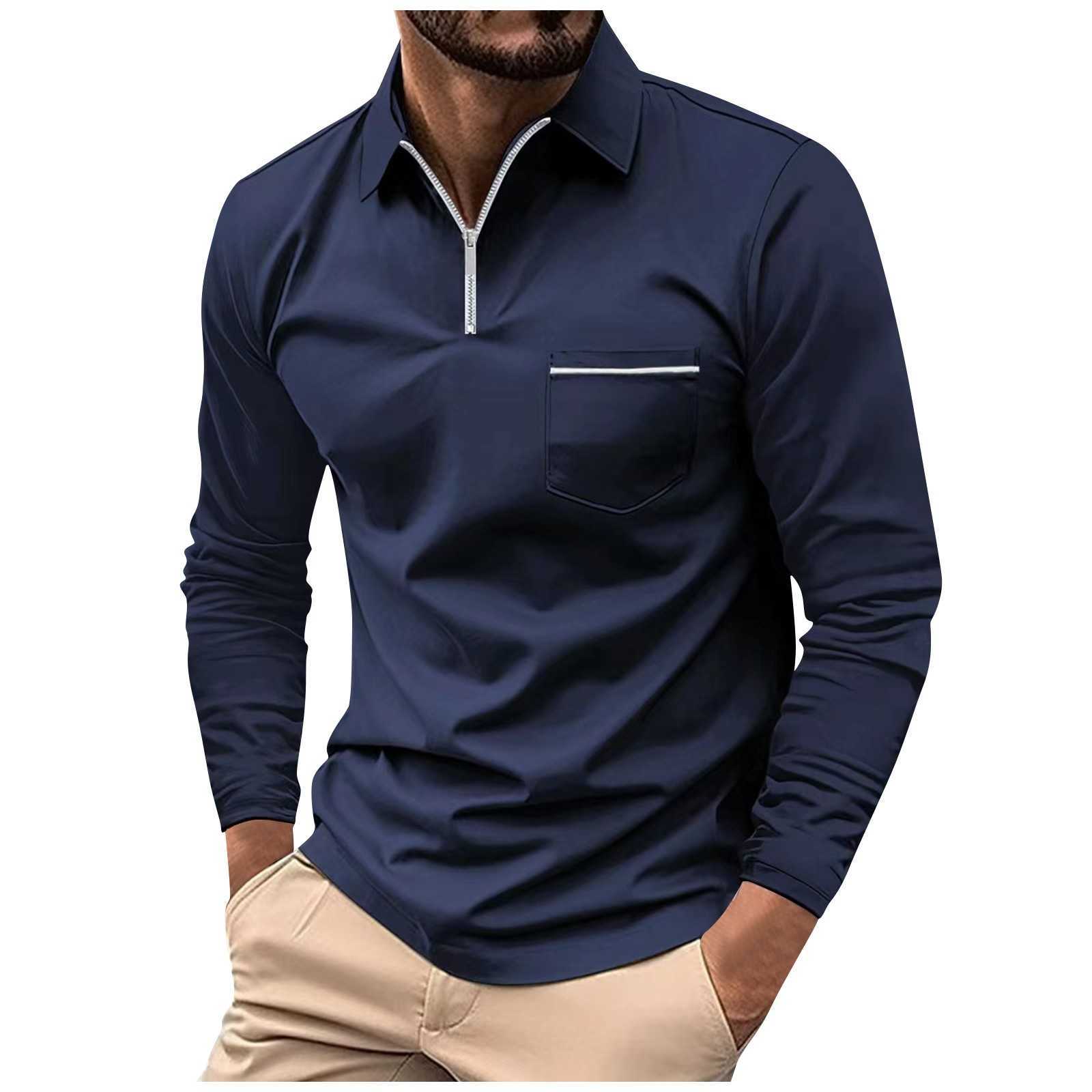 Automne hommes fermeture éclair manches longues revers Polo solide haut décontracté vêtements réunion d'affaires loisirs hommes Polo toute saison HKD230825