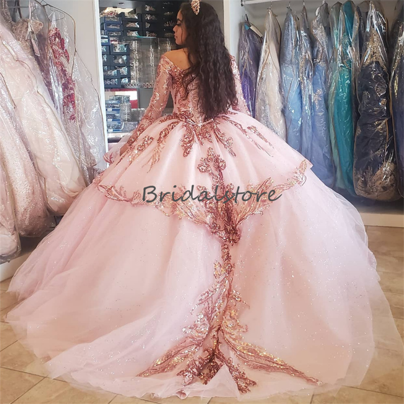 Princess paljett rosa quinceanera klänningar 2023 Sparkle långärmad luxe bollklänning bling sweet 15 klänning födelsedag prom party klänningar vestidos para xv anos vestidos de 16