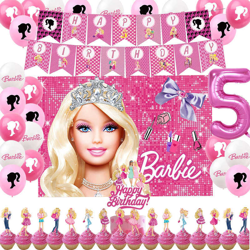 Rosa Mädchen Barbiee Geburtstagsdekoration Partyzubehör Ballon Banner Hintergrund Geschirr Kuchen Topper Babyparty HKD230825 HKD230825