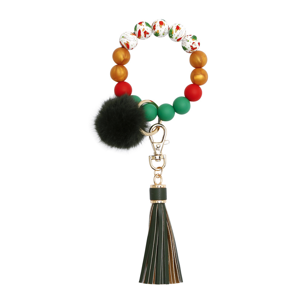 Portachiavi natalizio decorativo con perline in silicone, braccialetto con perline da polso, portachiavi con palla di peluche, portachiavi regalo