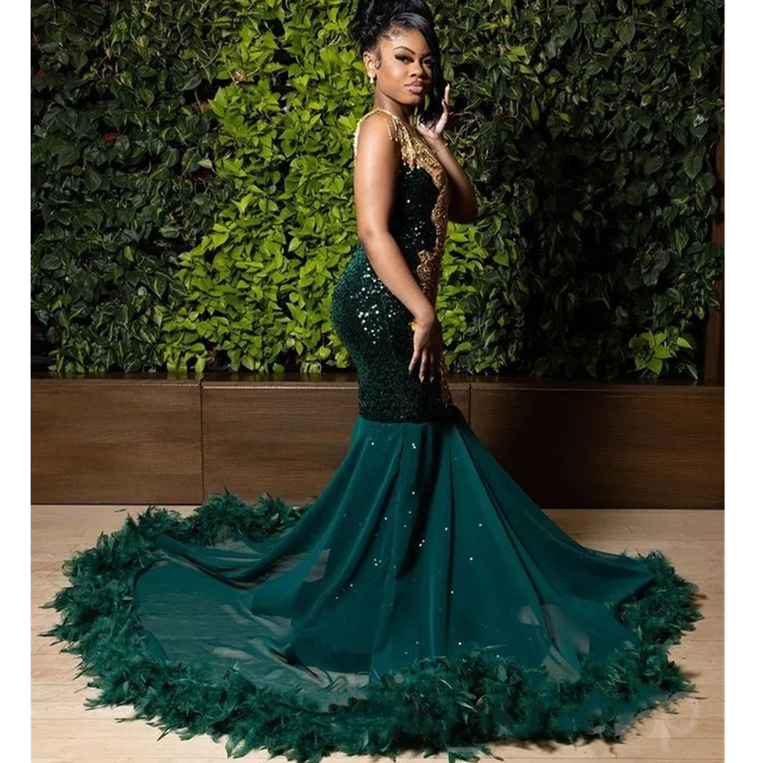 Teal African Mermaid Prom Dresses Sheer Beaded Crystals Feather Black Girls Nigeria Robe De Soiree Evening Dresses Gown