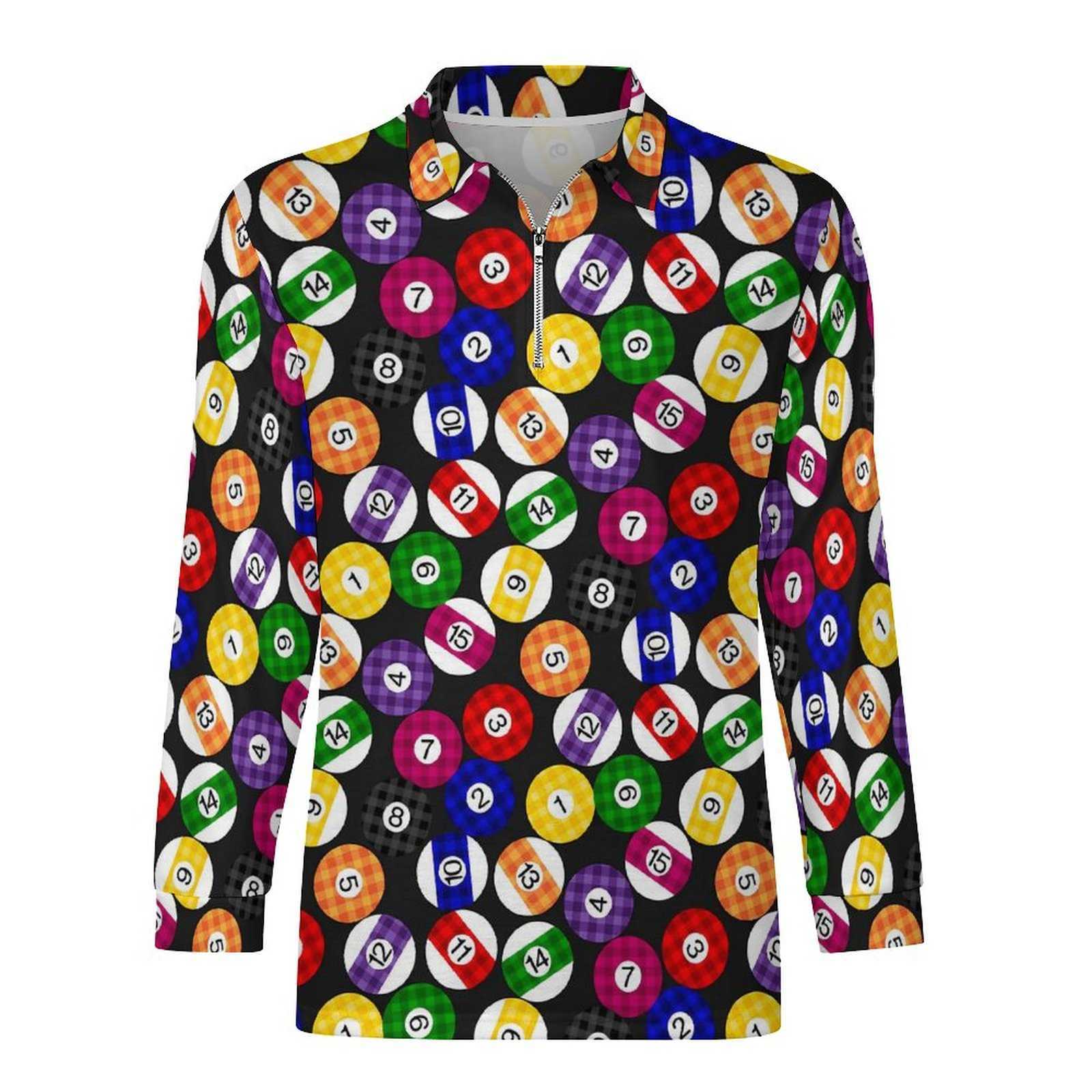 재미있는 볼 프린트 폴로 셔츠 가을 체크 무늬 당구 지퍼 캐주얼 셔츠 긴 소매 칼라 스트리트웨어 그래픽 대형 티셔츠 hkd230825