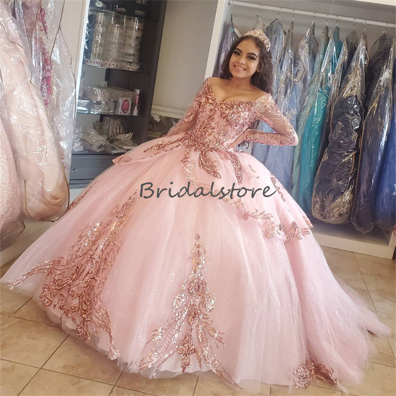 Princess paljett rosa quinceanera klänningar 2023 Sparkle långärmad luxe bollklänning bling sweet 15 klänning födelsedag prom party klänningar vestidos para xv anos vestidos de 16