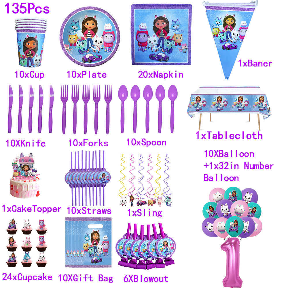 Gabby Dollhouse Suit Girls Birthday Party Number Balloon 1 2 3 Decor Cutery Set Cups Plates Baby Shower Gifts Doll House Suppli HKD230825 HKD230825