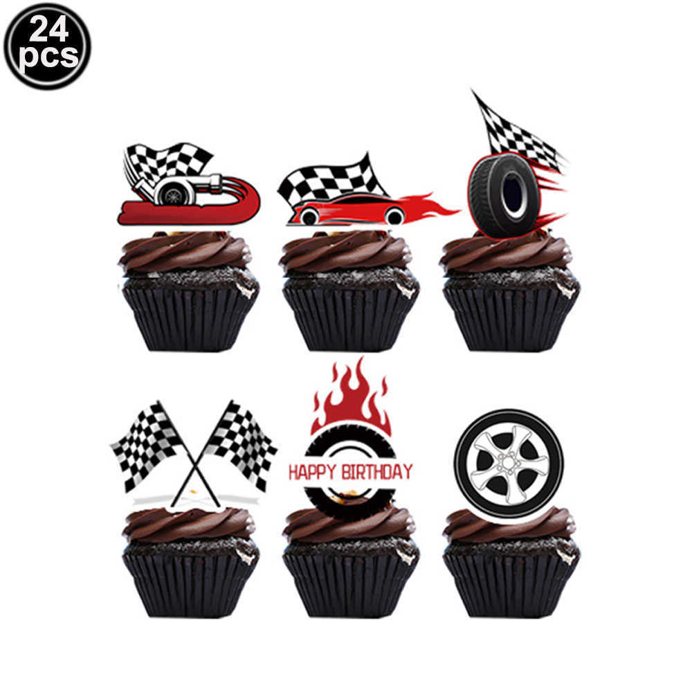 Fournitures de fête de voiture de course pour garçons, bannière joyeux anniversaire, assiettes et serviettes de voiture de course à carreaux, gobelets de piste de course, décorations de gâteau de roue HKD230825 HKD230825