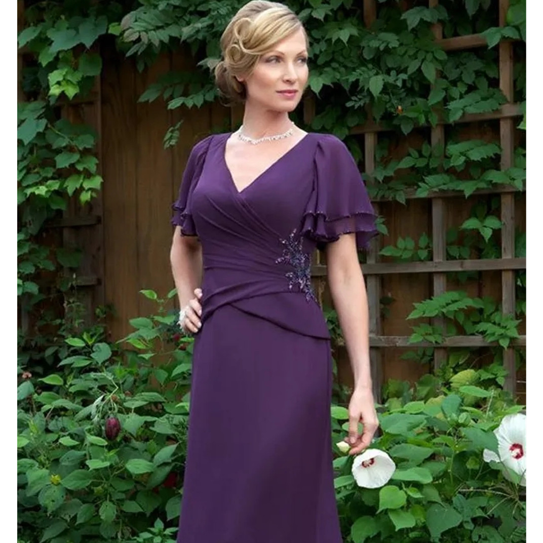 Long Purple Mother of the Bride Dress Short Sleeve V Neck Chiffon Long Mermaid Formal Mother of Groom Suits Evening Party Gowns