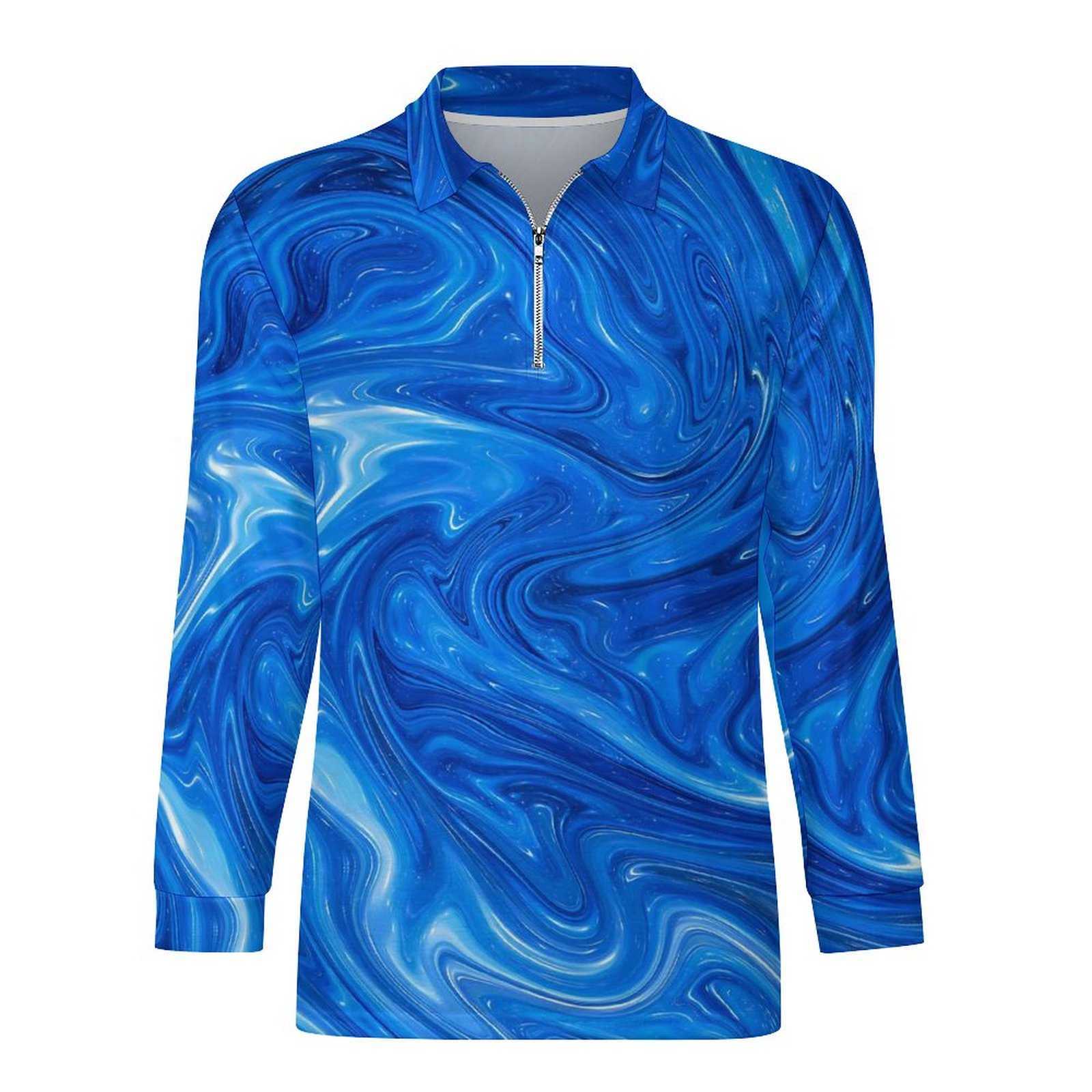 Blue Marble Casual Polo Shirt Abstract Artwork T-Shirts Long Sleeve Custom Shirt Autumn Stylish Oversize Tops Gift HKD230825