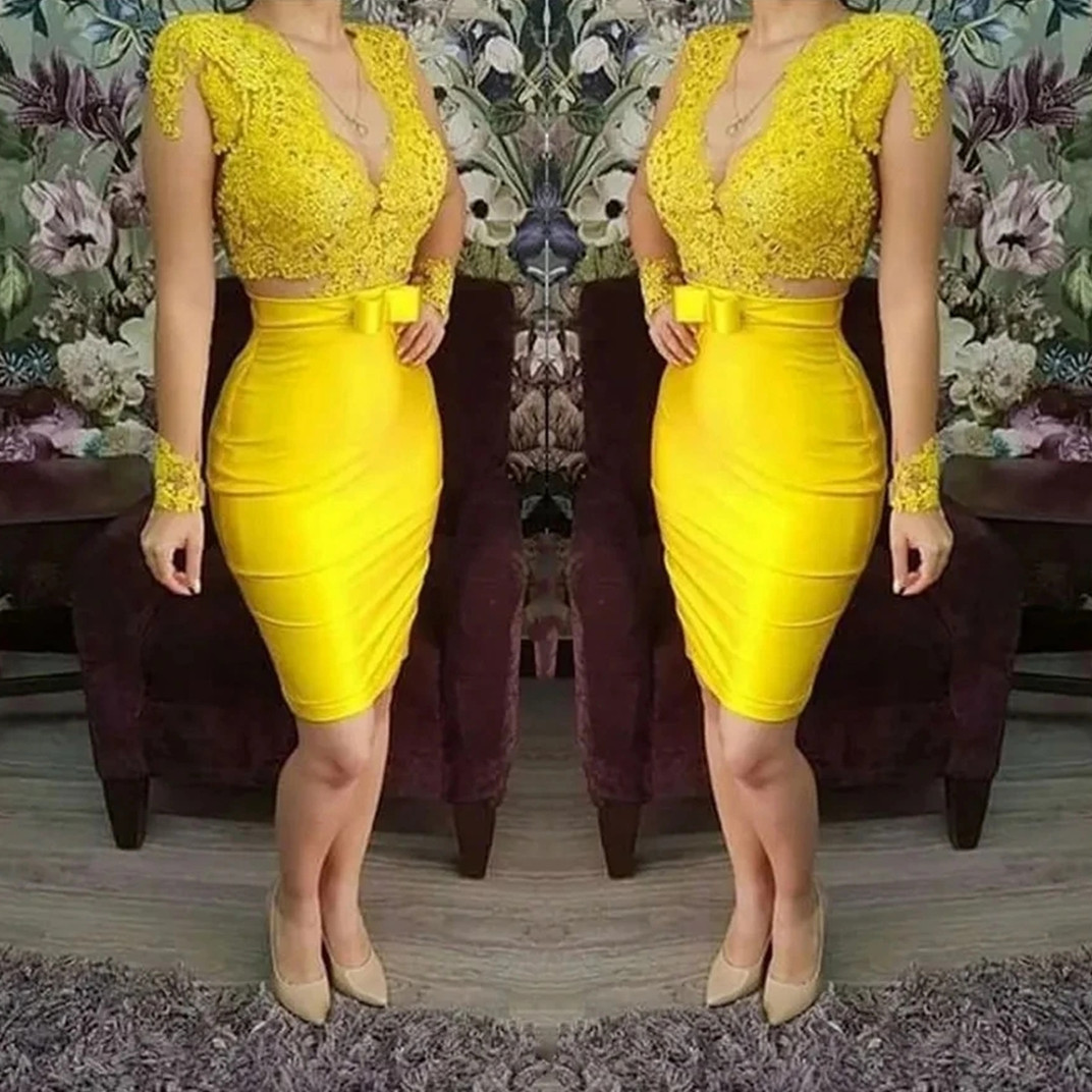 Vestido De cóctel De regreso a casa amarillo, cuello en V, manga larga, Apliques De encaje, tubo corto, vestidos De fiesta De graduación, bata De velada