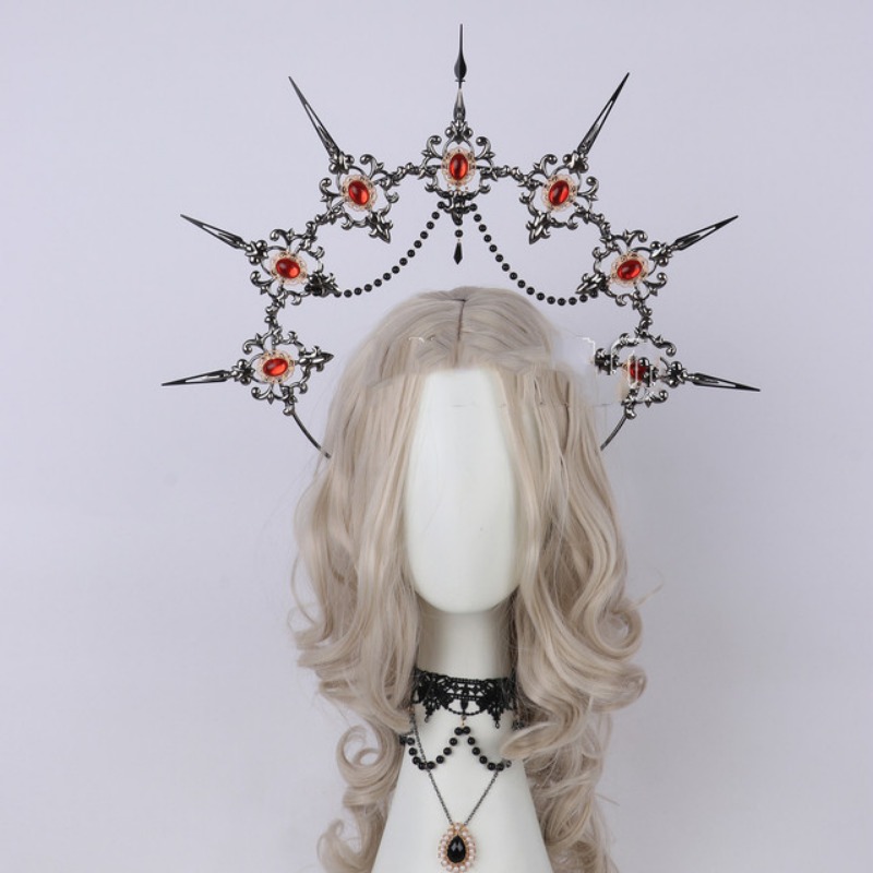 Black Spiked KC Halo Crown Necklace Headpiece Women Girl Goddess Gothic Headband Virgin Mary Baroque Bead Chain Hair Accessories