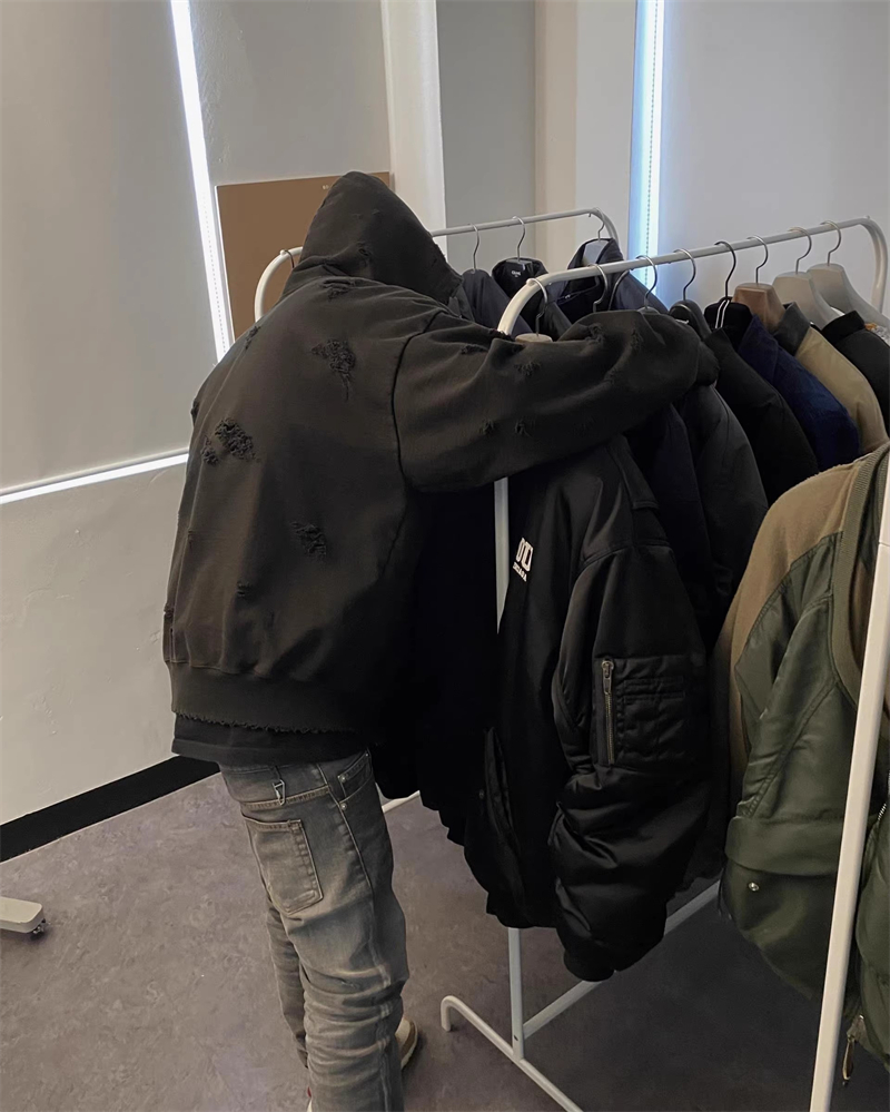 23SS Streetwear Cardigan surdimensionné endommagé sweat à capuche zippé hommes femmes noir pulls à capuche