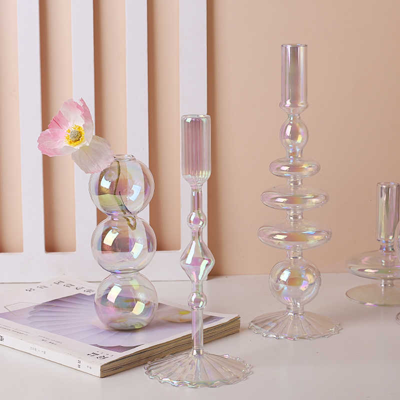 Iridescent Glass Candle Holder Home Decor Nordic Rainbow Vase Flower Table Living Room Decoration Candlestick Holder for Wedding HKD230825