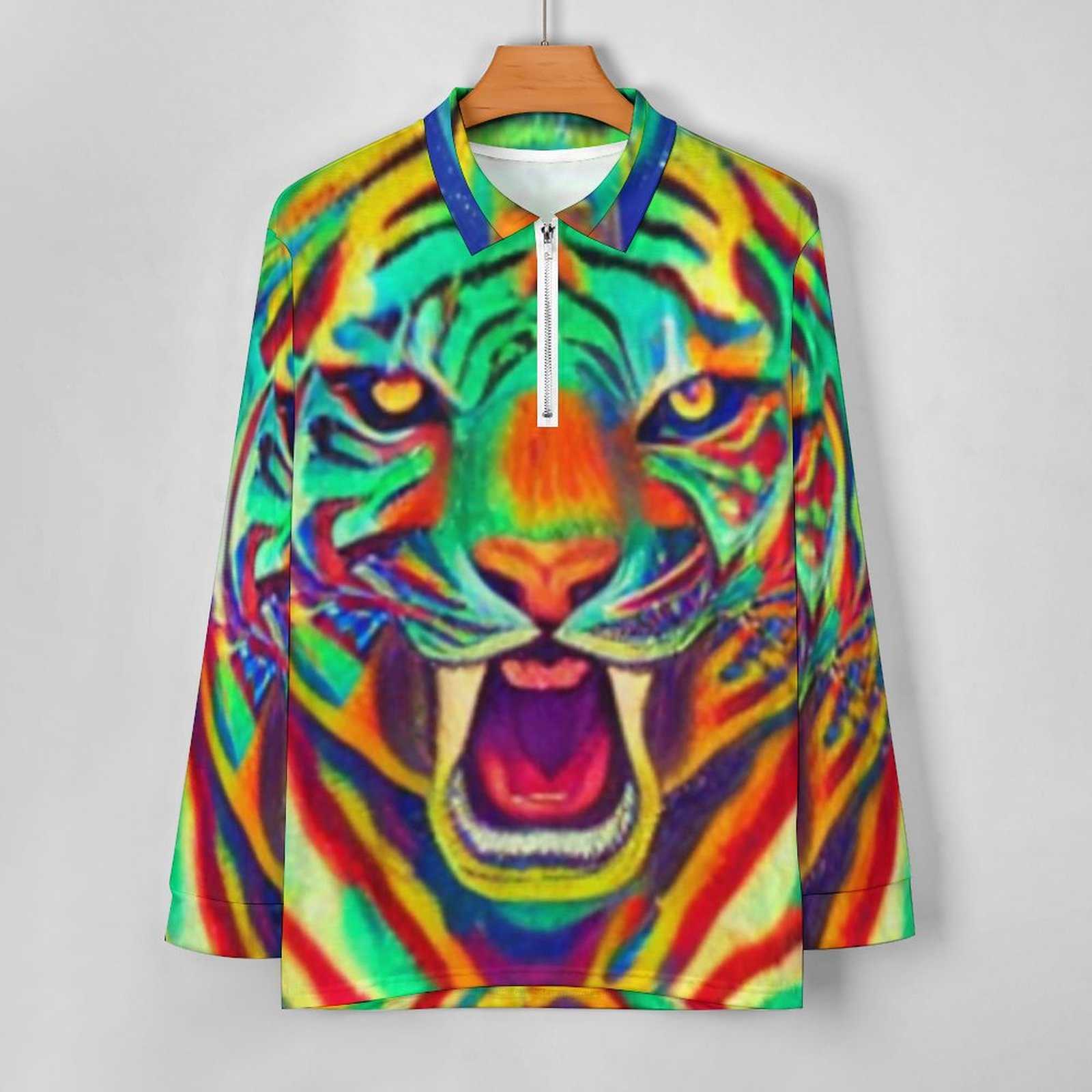 Африканская тигровая рубашка поло в ежедневном животном на молнии повседневная рубашка с длинным рукавом. Стильный график негабаритный график HKD230825
