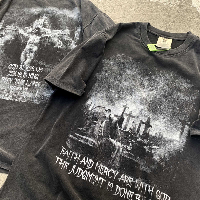Мужские футболки хорошего качества винтажная модная футболка Иисуса мужчины 2023SS Летние женщины вымыли футболки негабаритная футболка