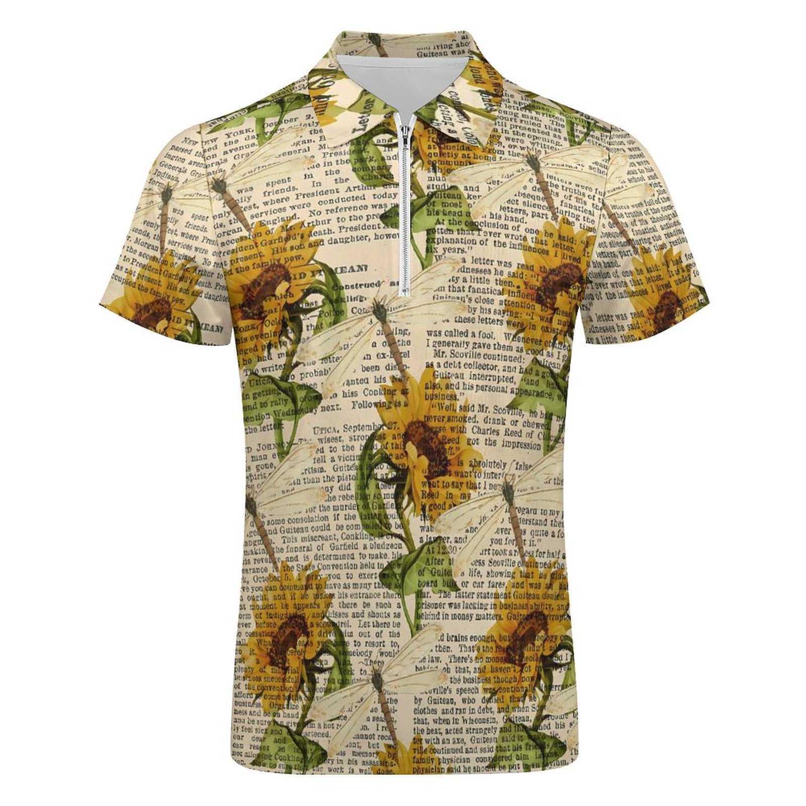 Polo con libellule di girasole Polo da uomo vecchio giornale Camicia casual da spiaggia Divertente con cerniera T-shirt a maniche corte Grafica oversize Top HKD230825